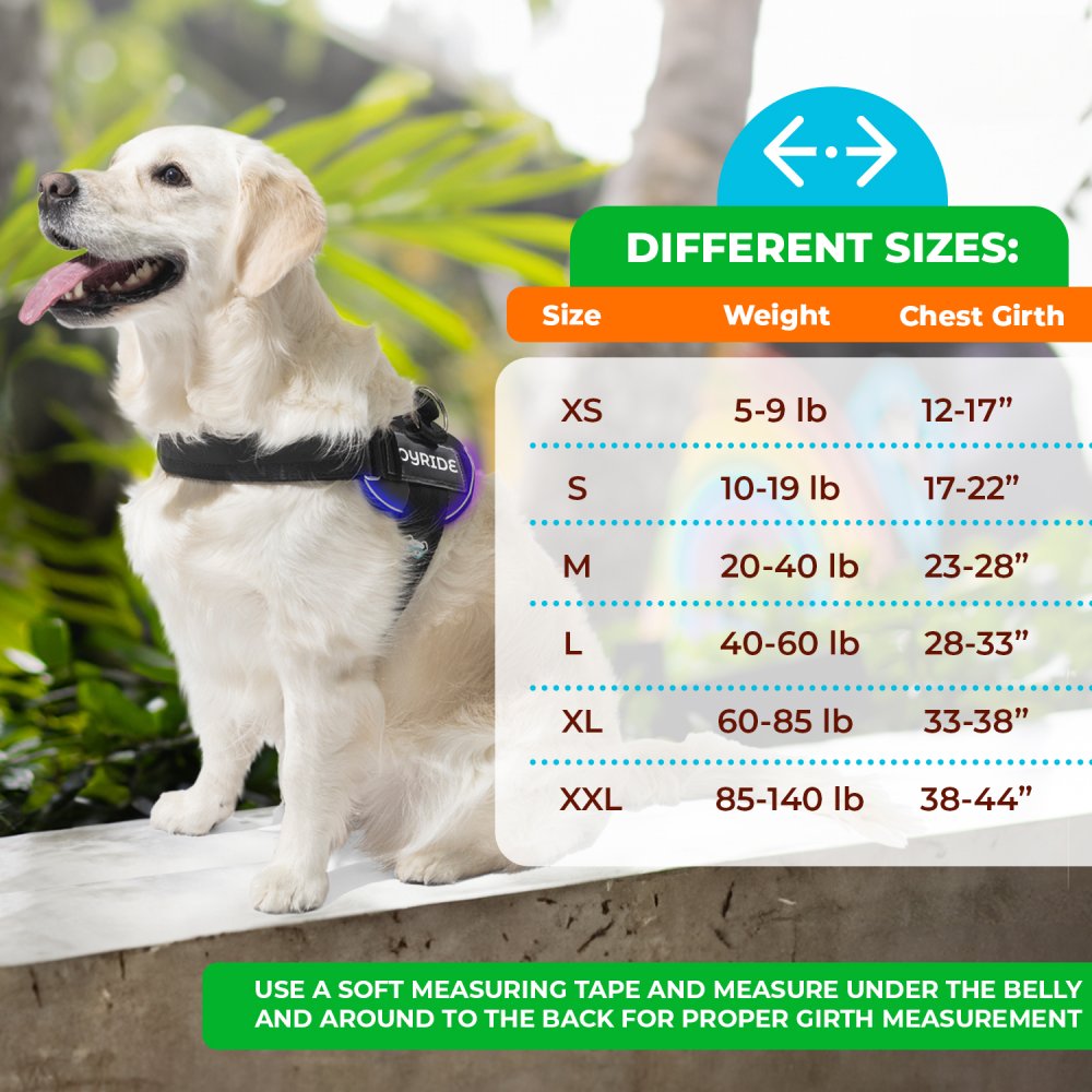 LED dog harness size chart