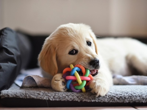 A golden retriever puppy chewing on a colorful ball in a dog bed
