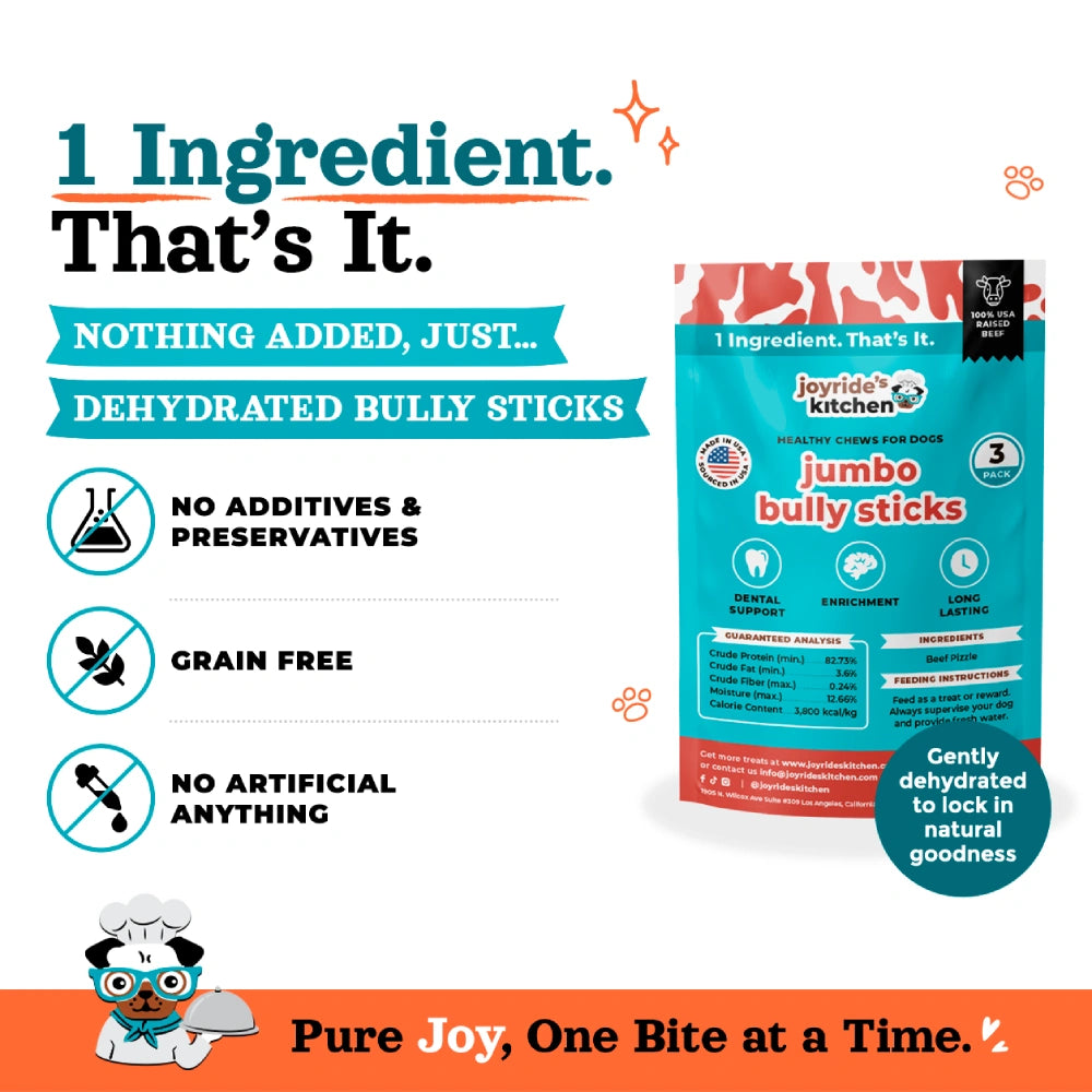 Joyride's Kitchen USA Jumbo Beef Bully Sticks Dehydrated Dog Treats