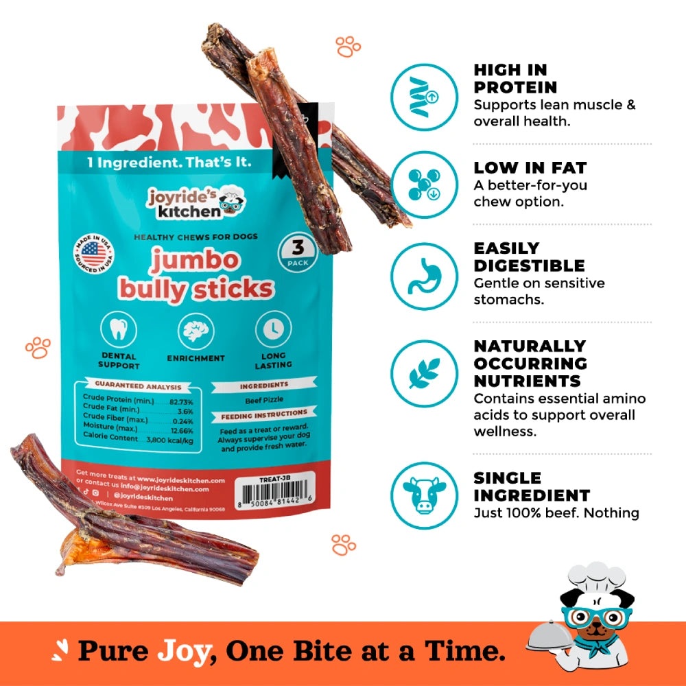 Joyride's Kitchen USA Jumbo Beef Bully Sticks Dehydrated Dog Treats